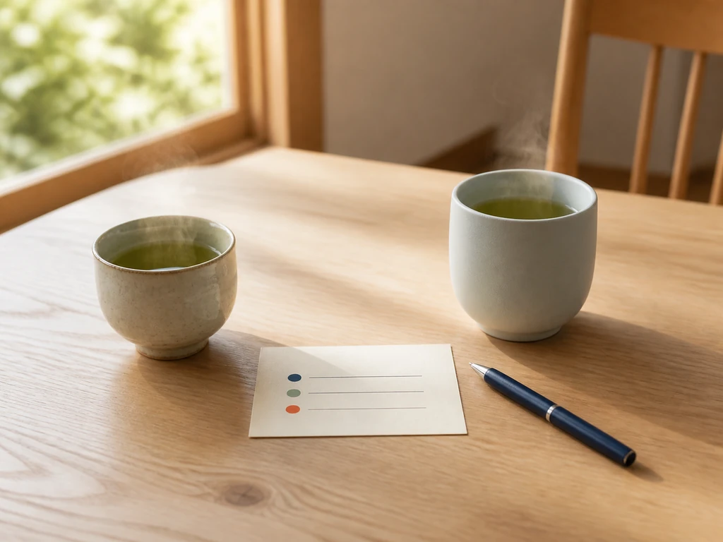 窓辺の食卓に二つの湯呑み、確認項目を書き留めるカードとペンが置かれている